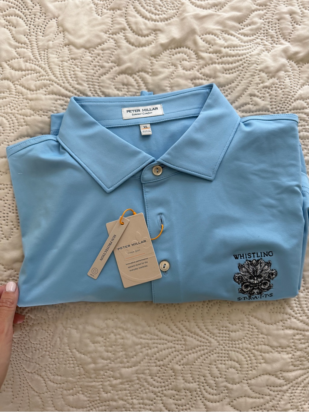 Peter Millar Light Blue Golf Polo With Whistling Straits Emblem